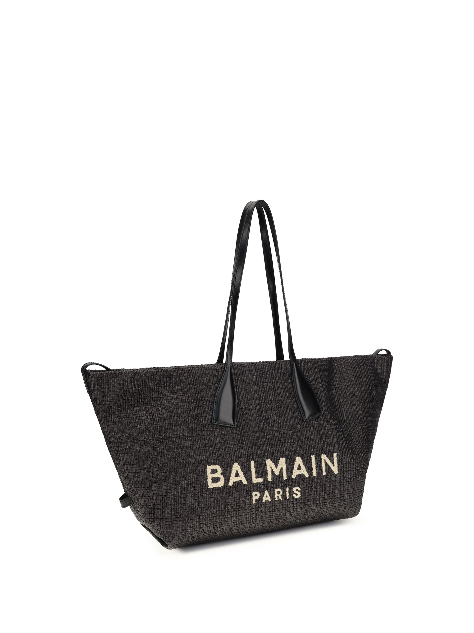 BALMAIN OS track shoulder bag in leather and raffia