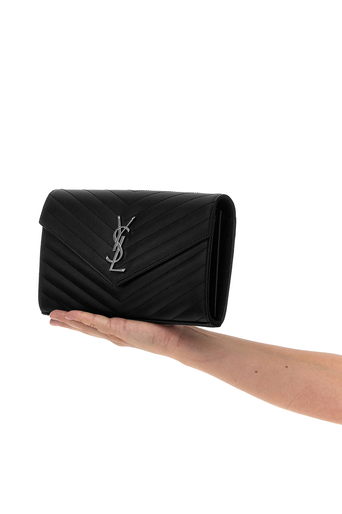 SAINT LAURENT OS cassandre quilted grain de poudre leather clutch bag