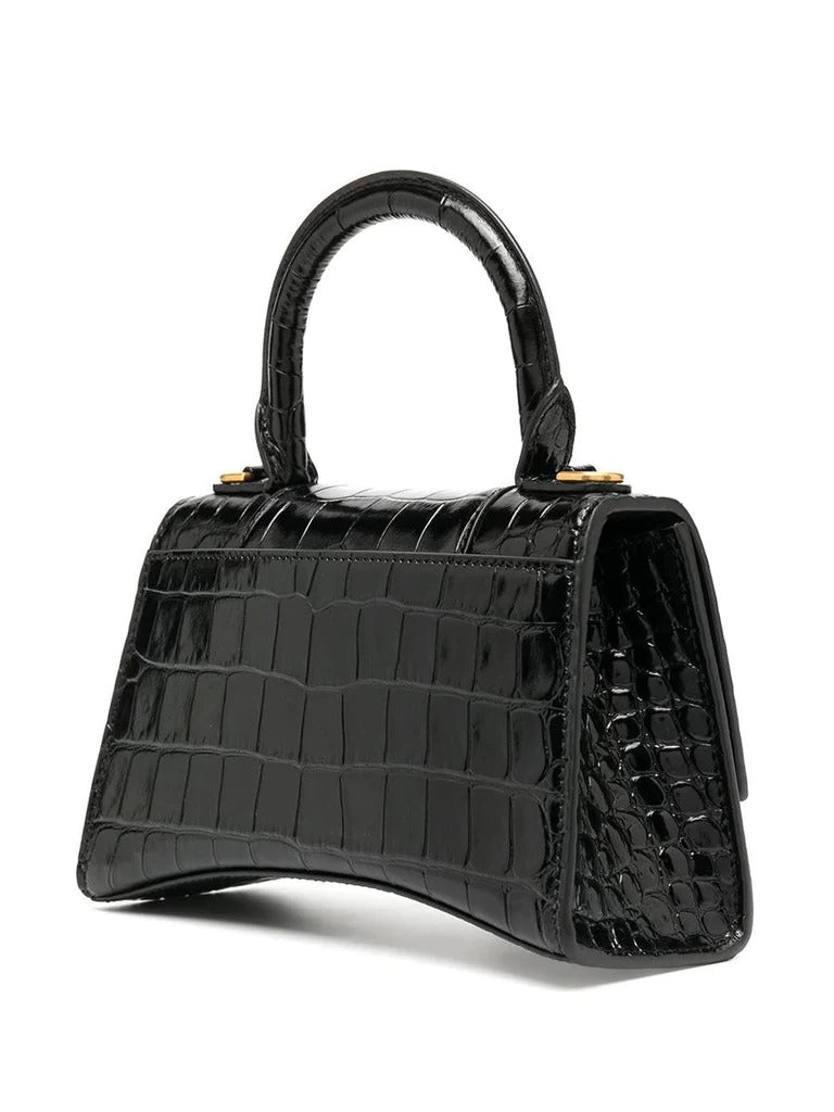 Hourglass XS Croc-Embossed Black Leather Shoulder Bag