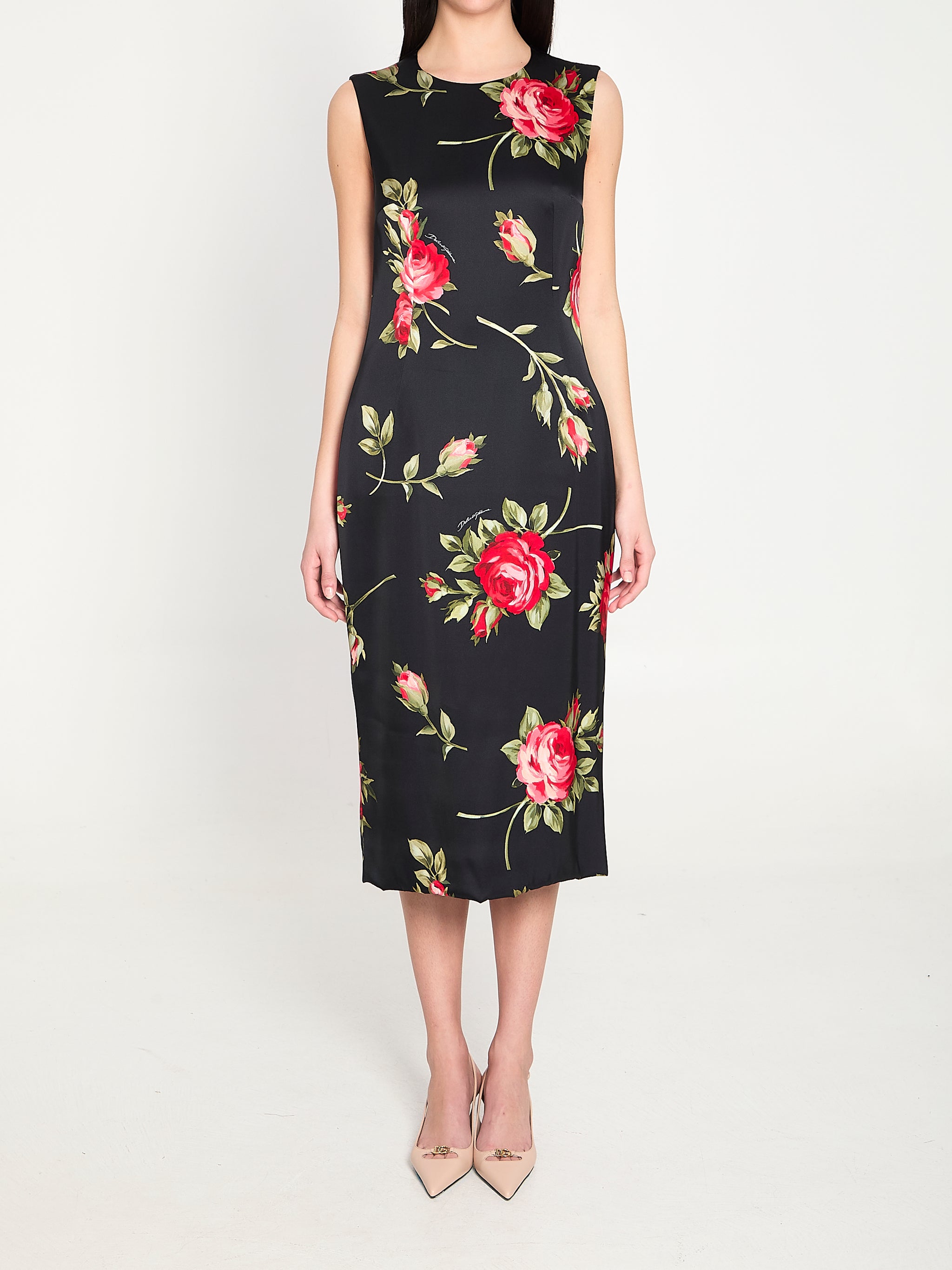 bouquet rose print satin midi dress