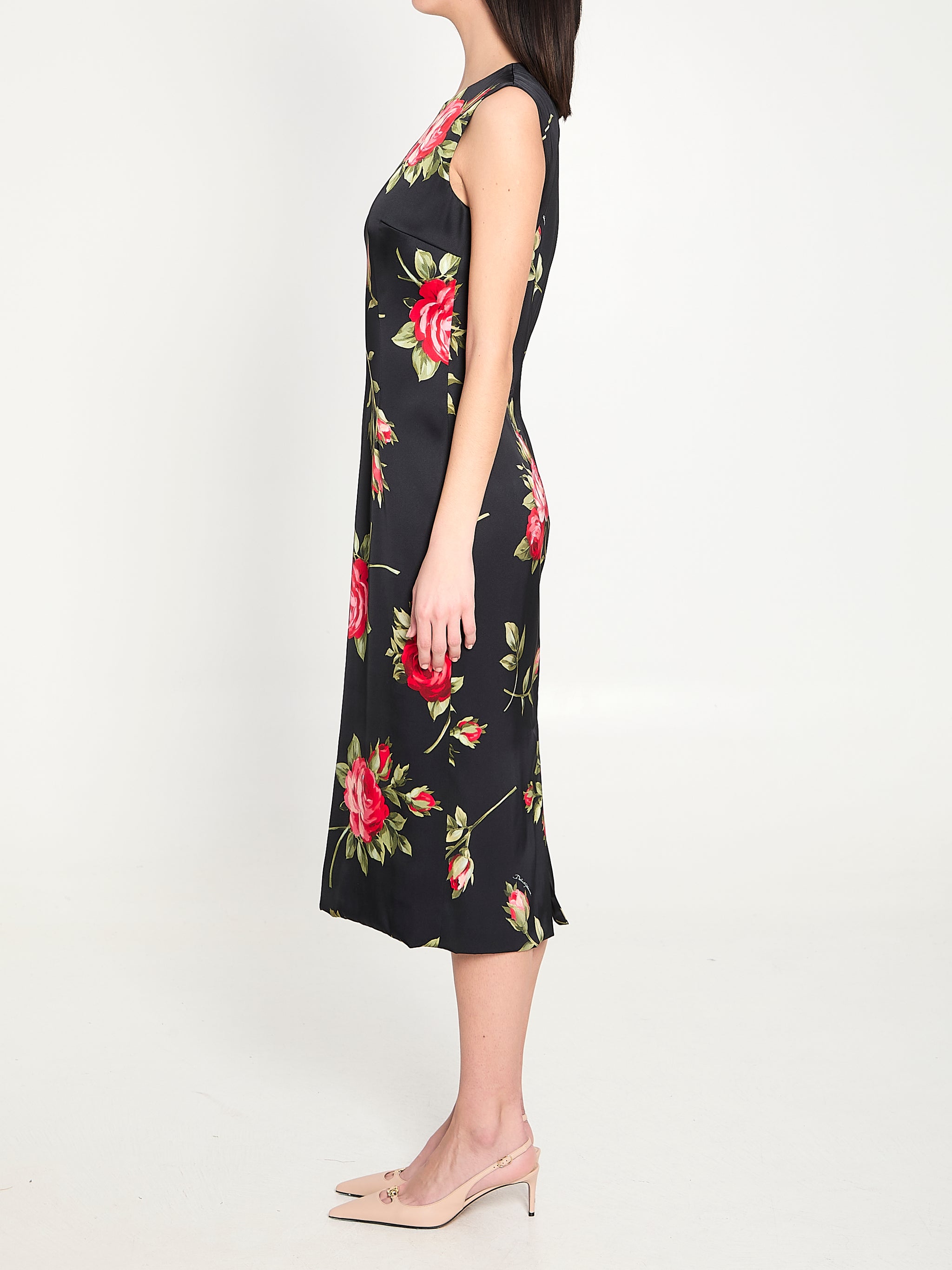 bouquet rose print satin midi dress