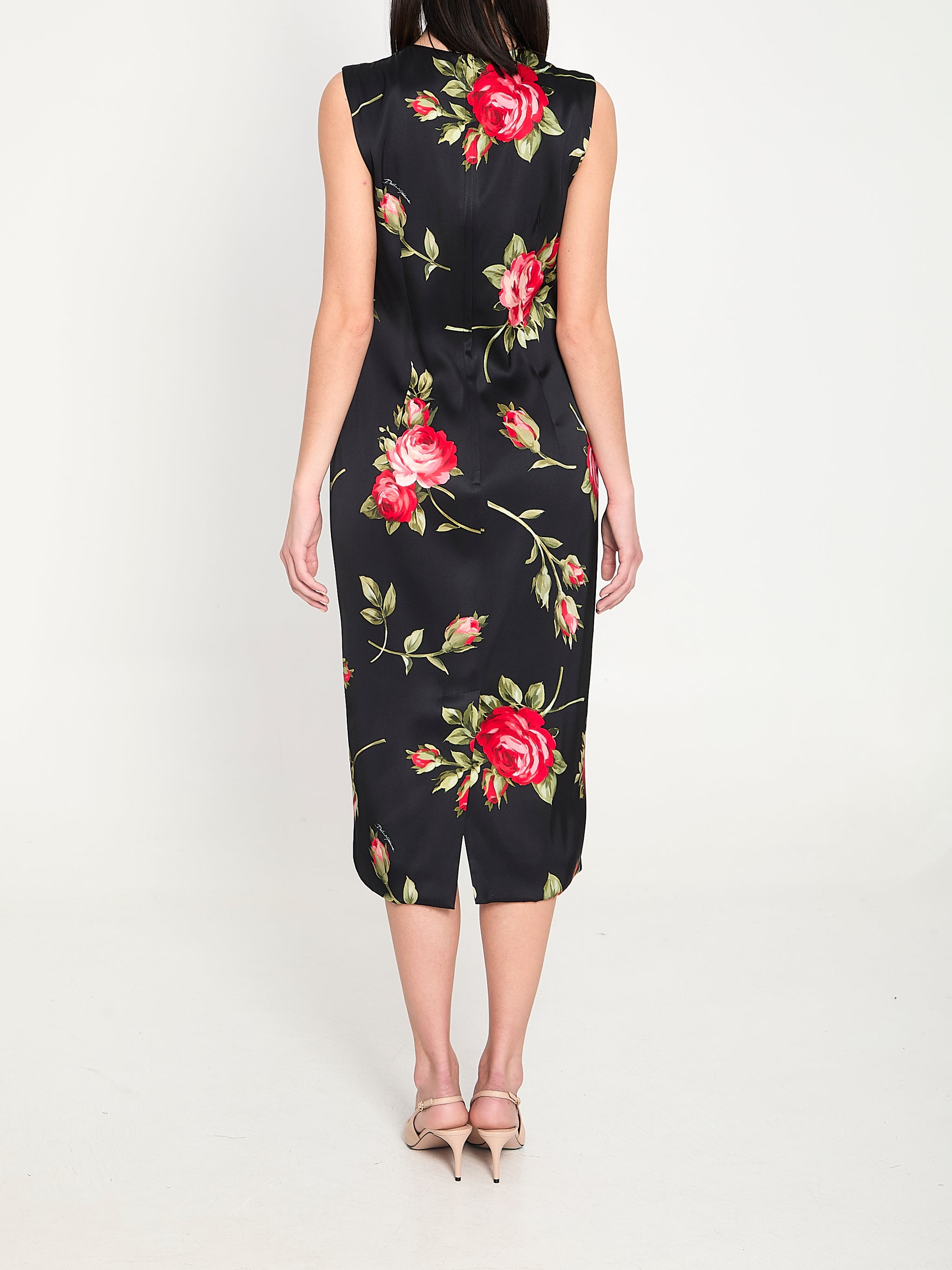 bouquet rose print satin midi dress