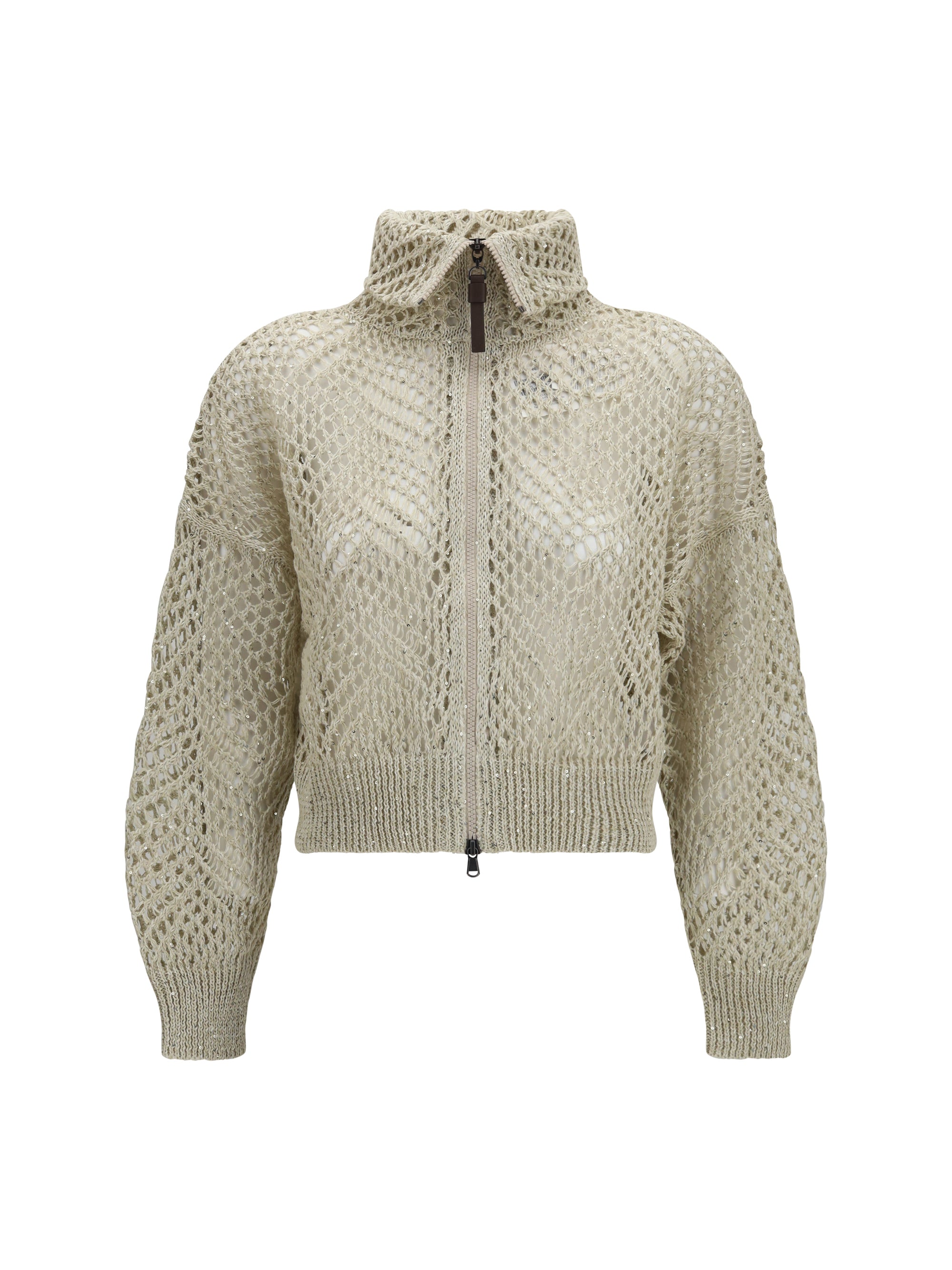 open-knit zip-up cardigan