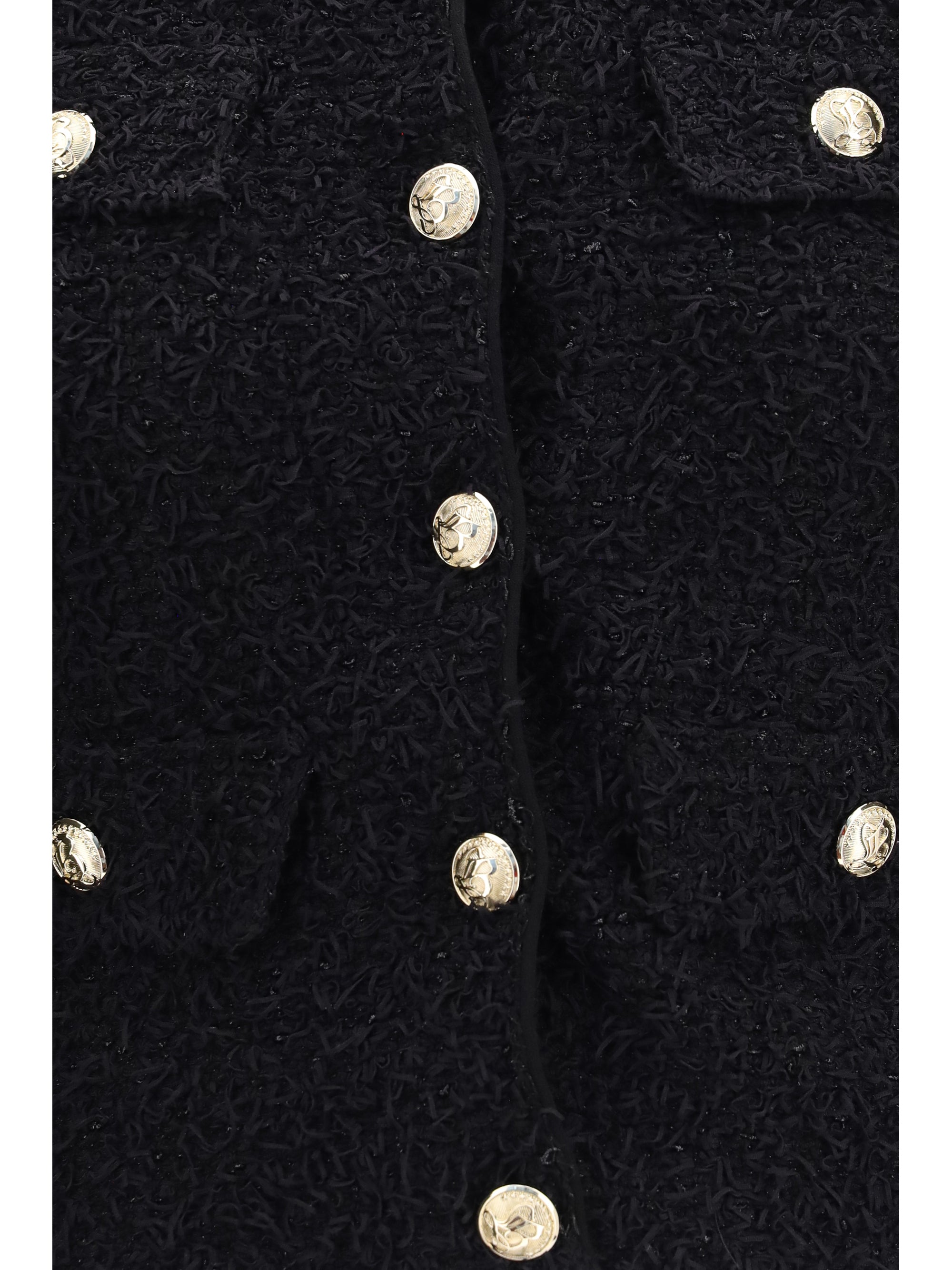double-breasted tweed cropped jacket with logo buttons