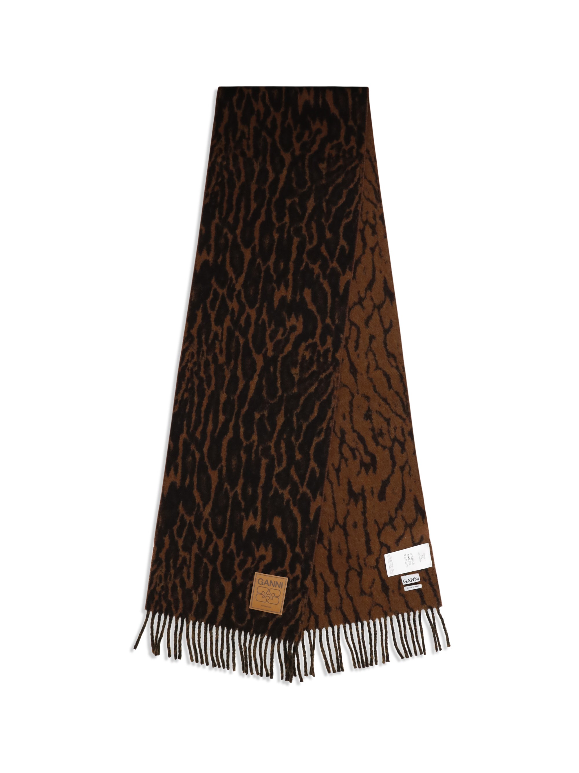 leopard print wool scarf with logo and fringes