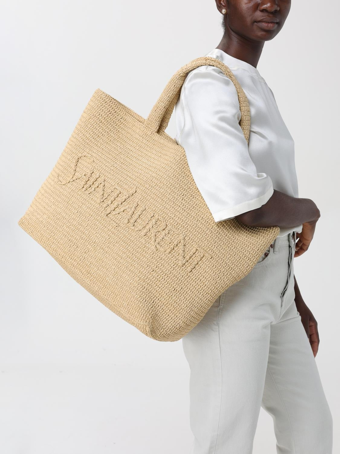 Logo Beige Raffia Tote