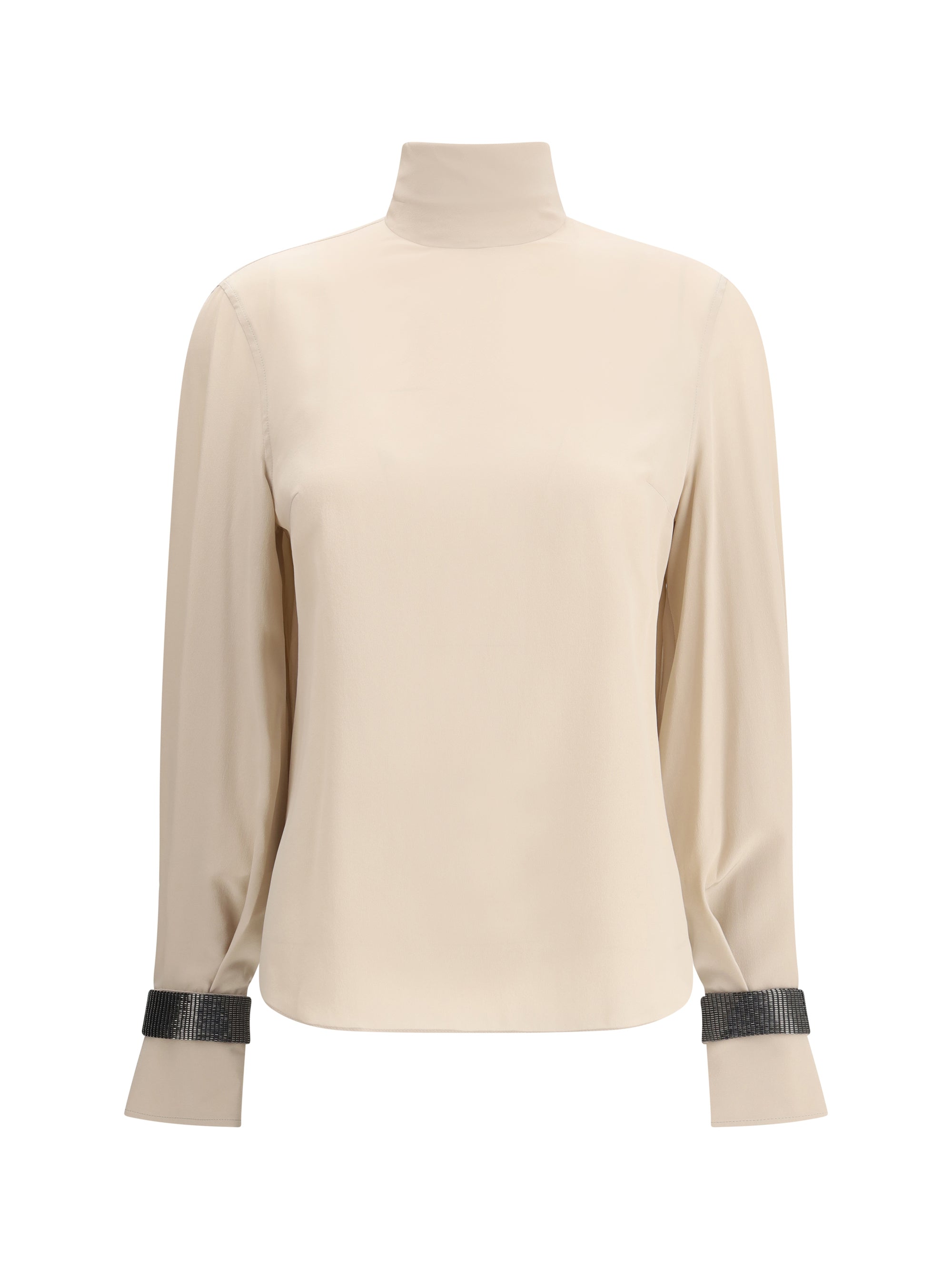 BRUNELLO CUCINELLI S silk turtleneck blouse with precious bracelets