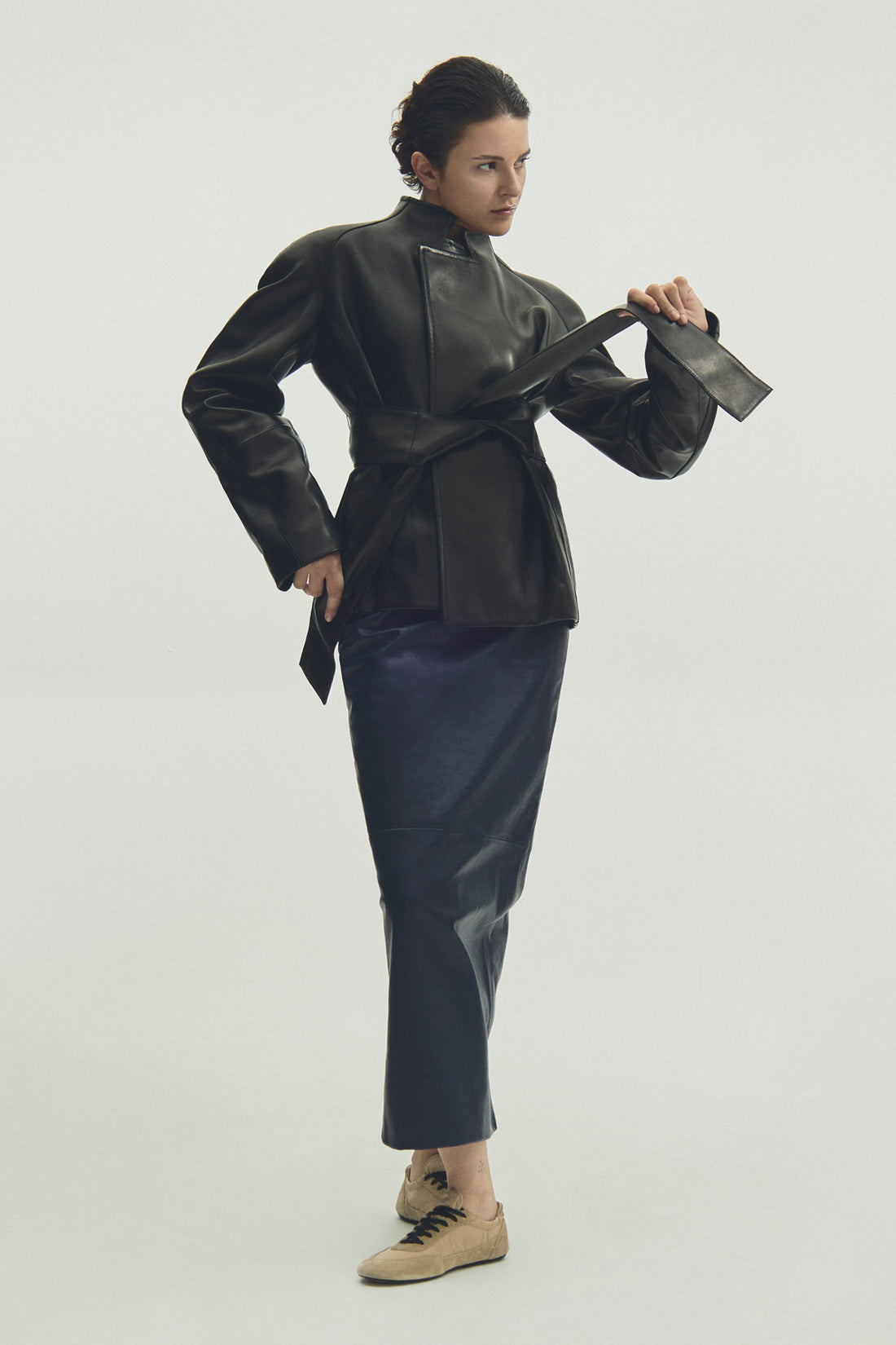 KHAITE 2 loxley leather midi skirt