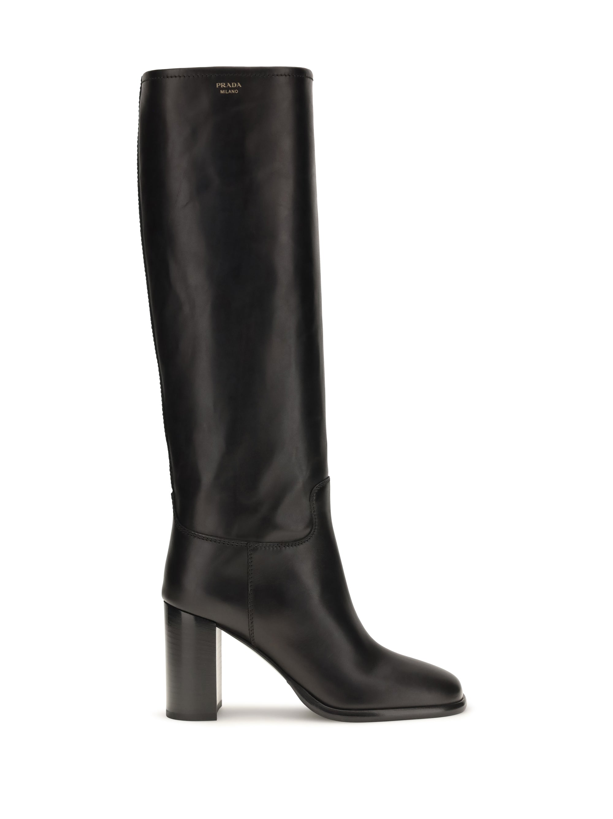 high leather boots with screen-printed logo