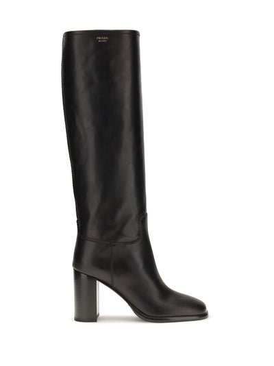 high leather boots with screen-printed logo