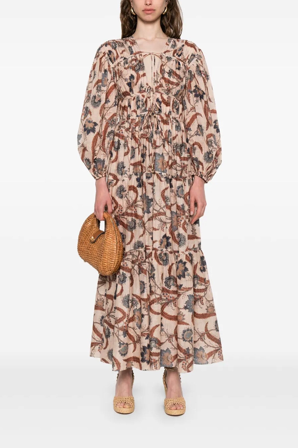 long ascension tie billow maxi dress in all-over floral indienne blue patterne