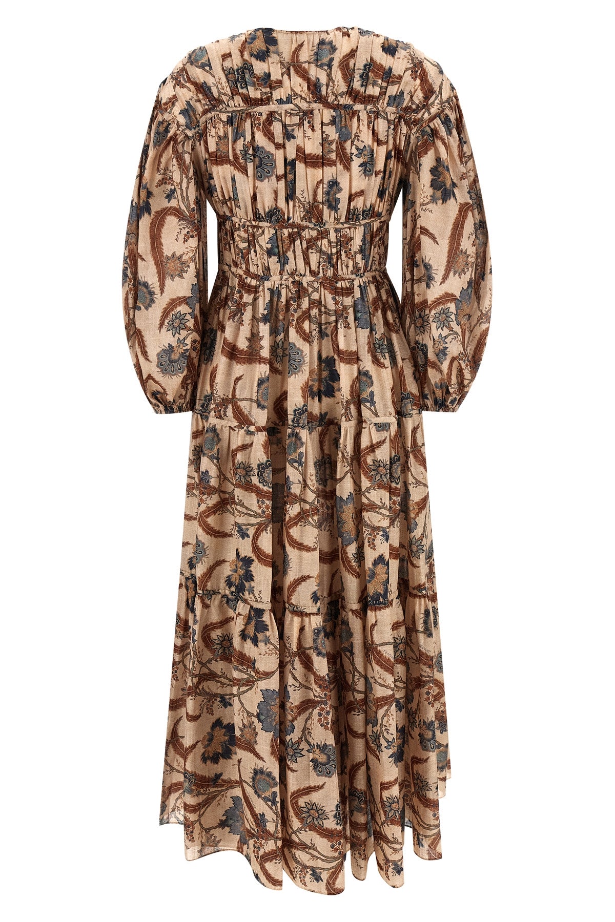 long ascension tie billow maxi dress in all-over floral indienne blue patterne