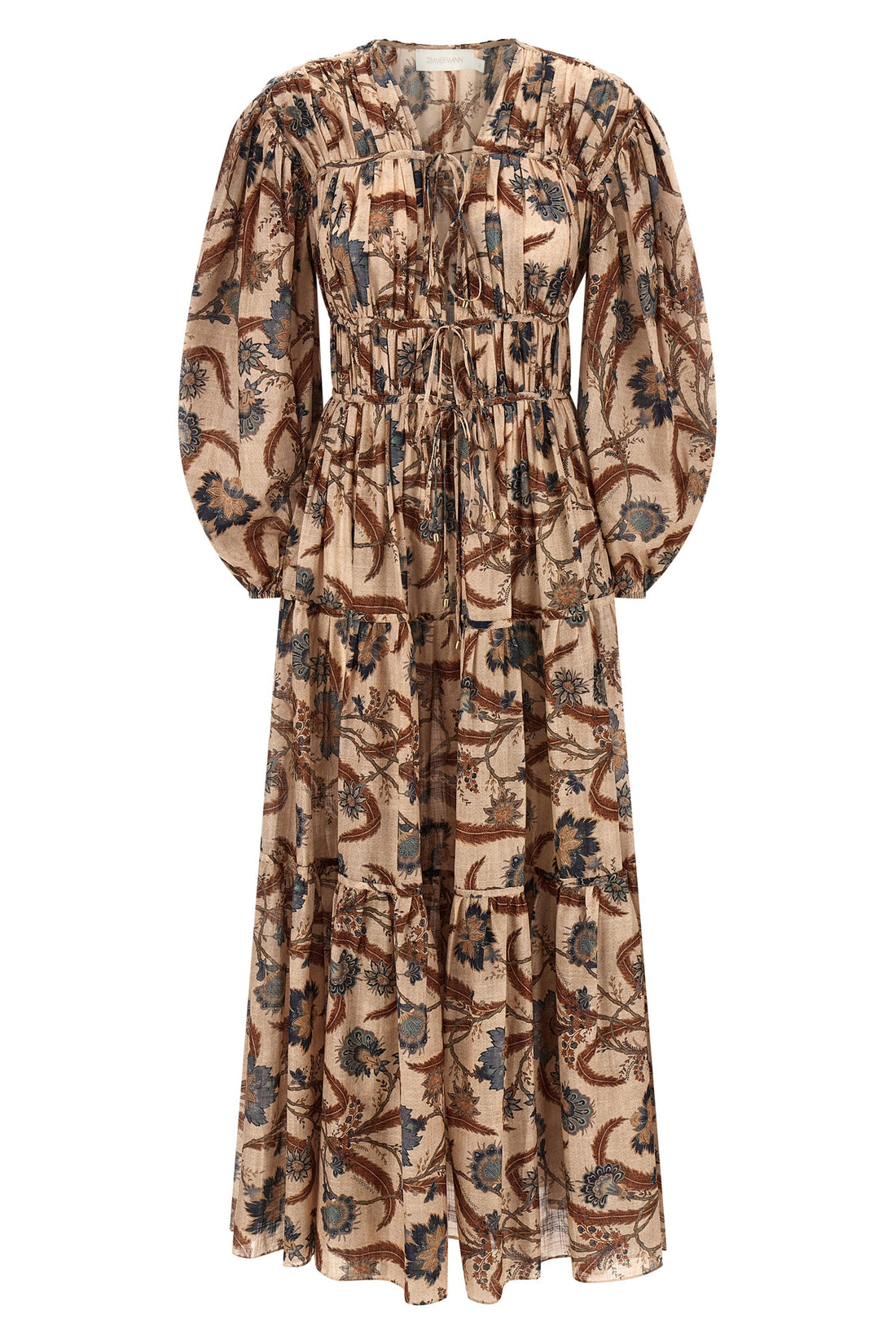 ZIMMERMANN 0 long ascension tie billow maxi dress in all-over floral indienne blue patterne