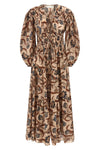 long ascension tie billow maxi dress in all-over floral indienne blue patterne