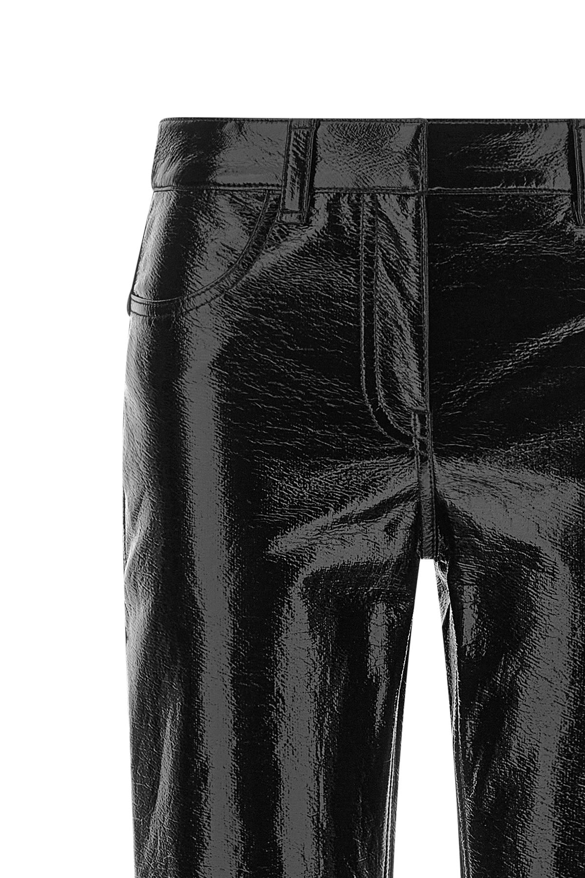 the courrèges trousers redefine the classic silhouette through a glossy finish
