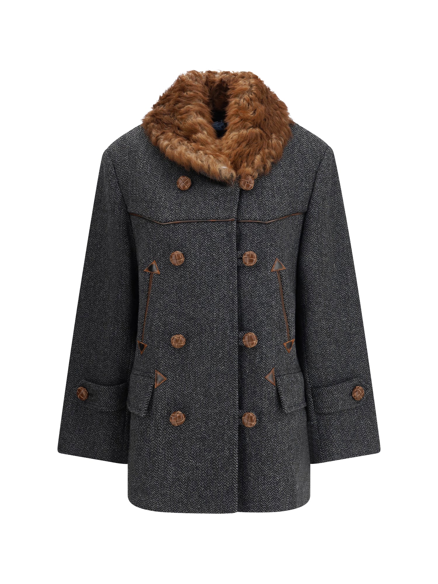 PRADA 36 double-breasted caban with a shearling trim