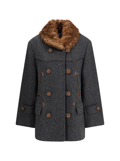 PRADA 36 double-breasted caban with a shearling trim