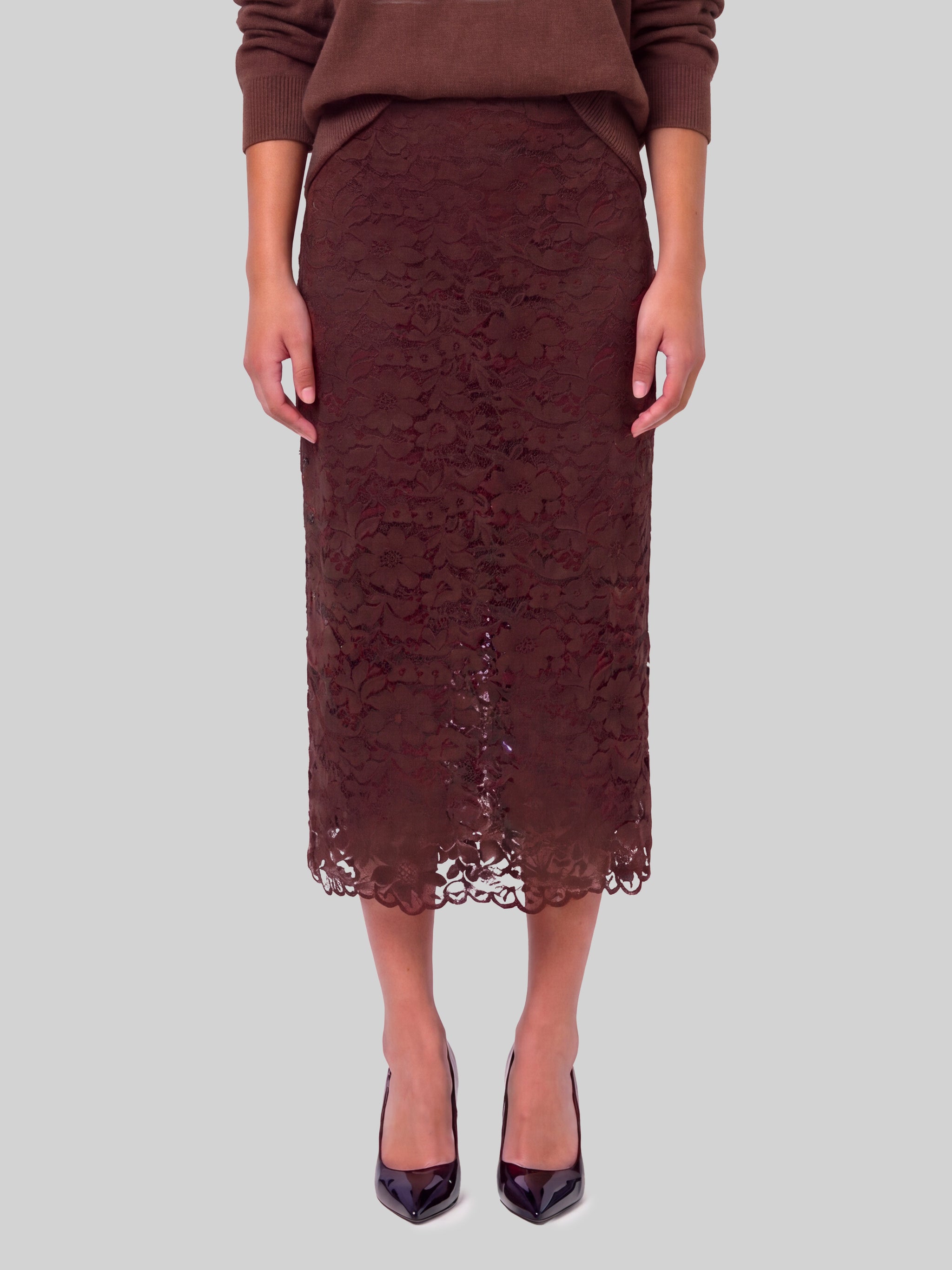 brown lace midi skirt
