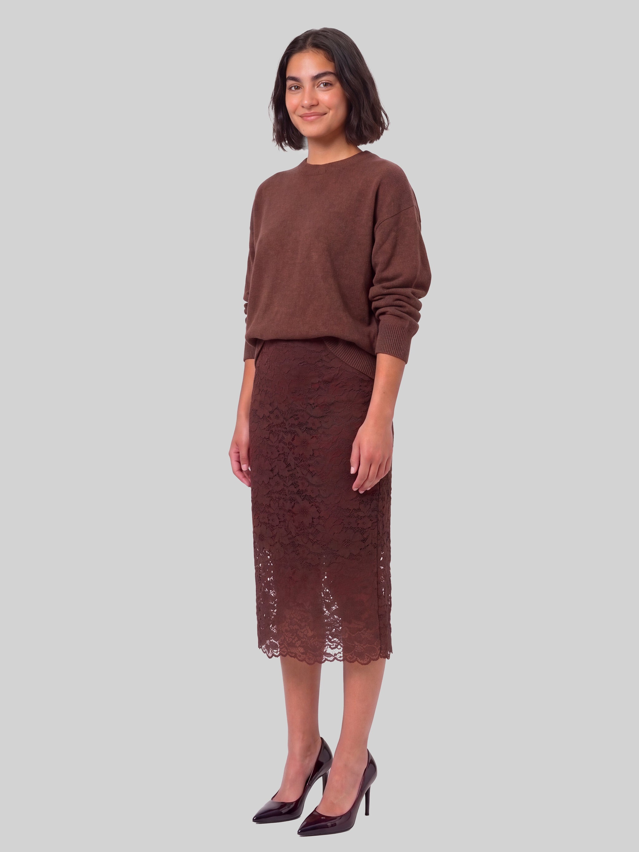 brown lace midi skirt