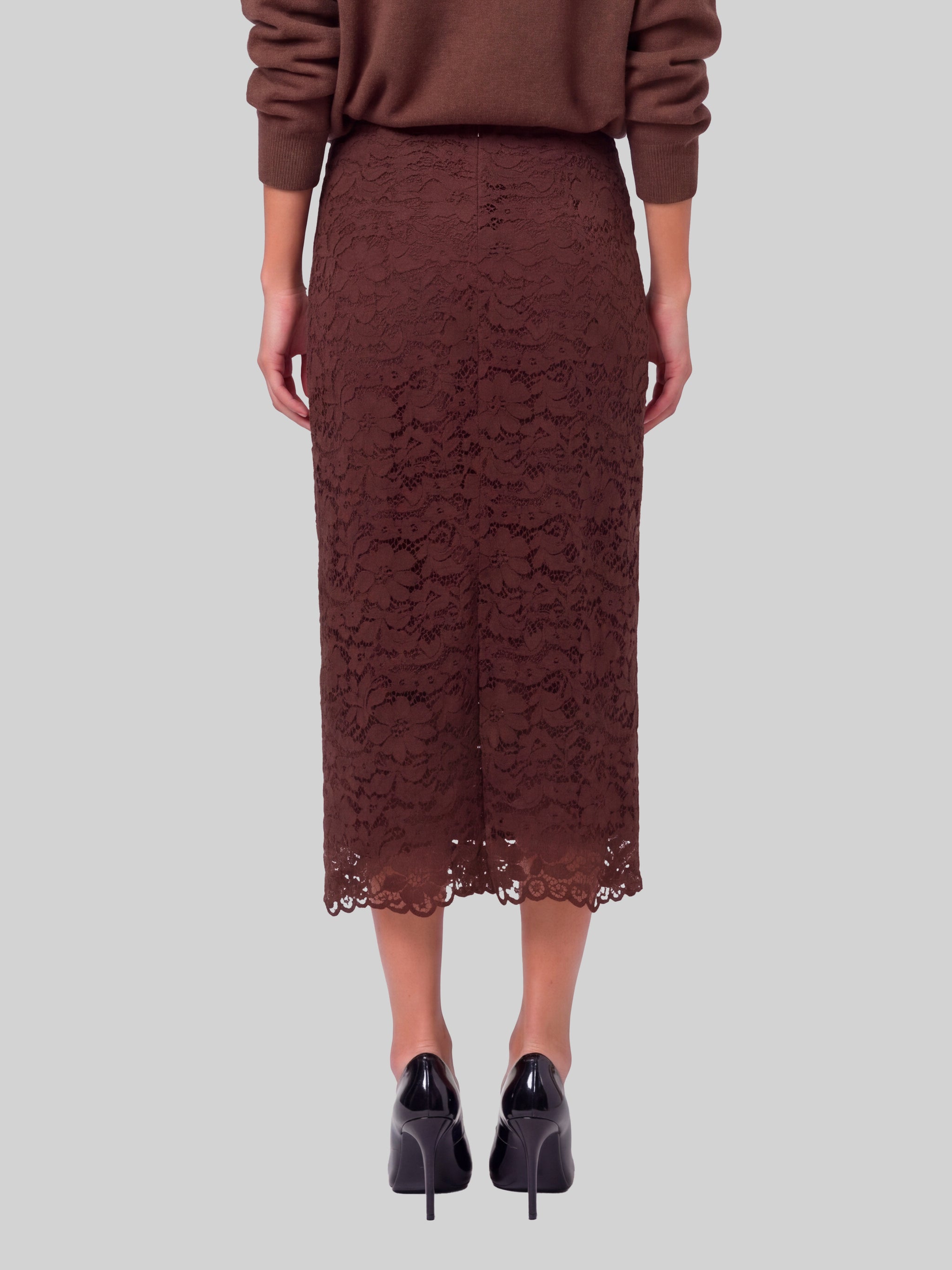 brown lace midi skirt