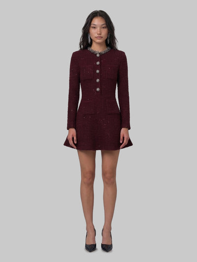 SELF PORTRAIT M burgundy textured knit embellished mini dress