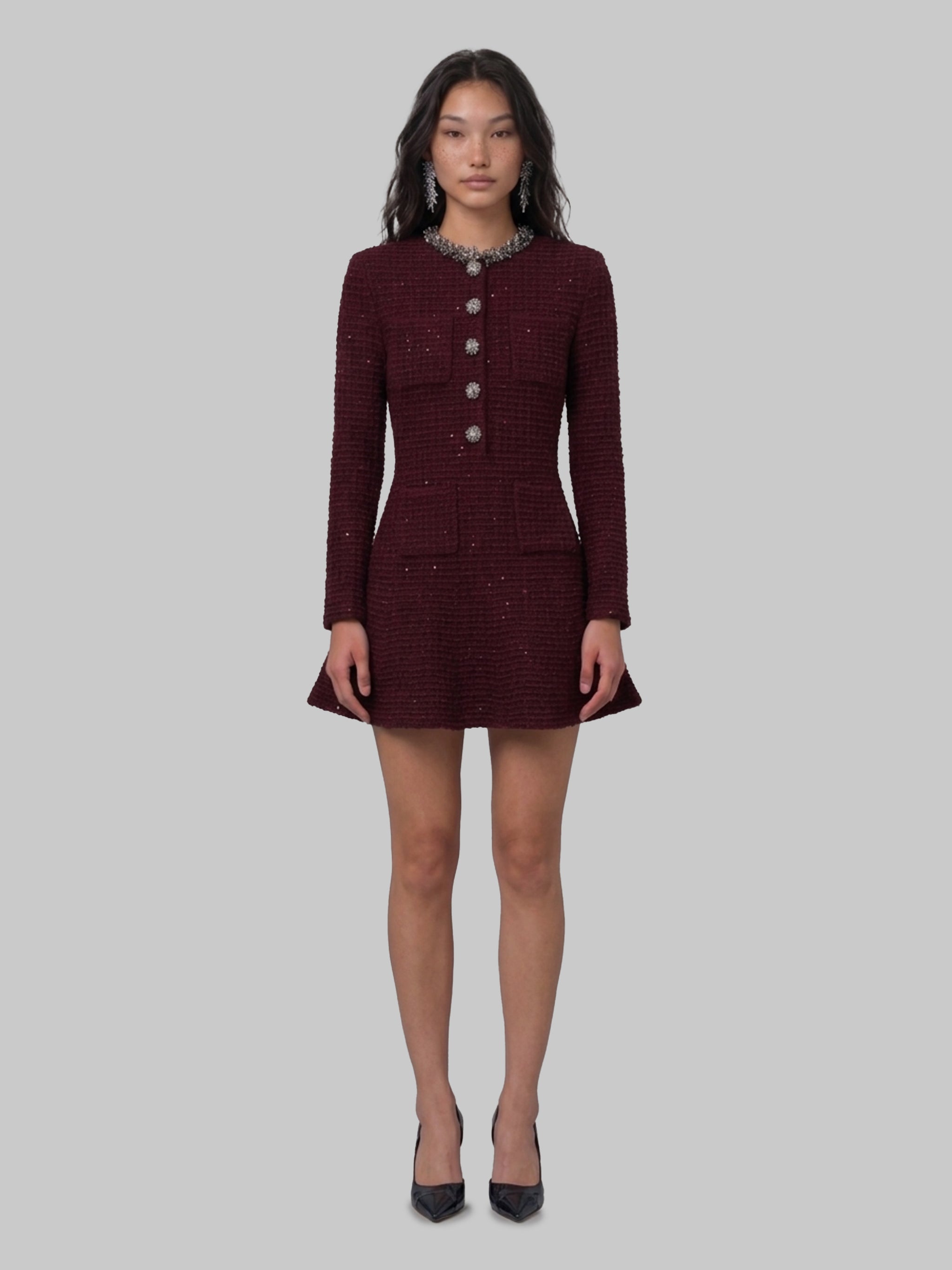 burgundy textured knit embellished mini dress