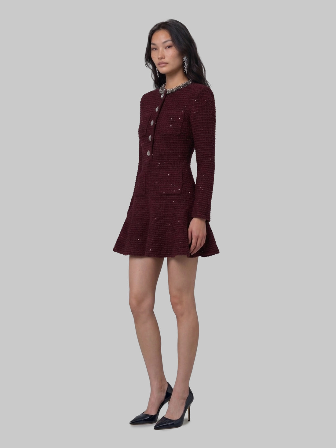 SELF PORTRAIT M burgundy textured knit embellished mini dress