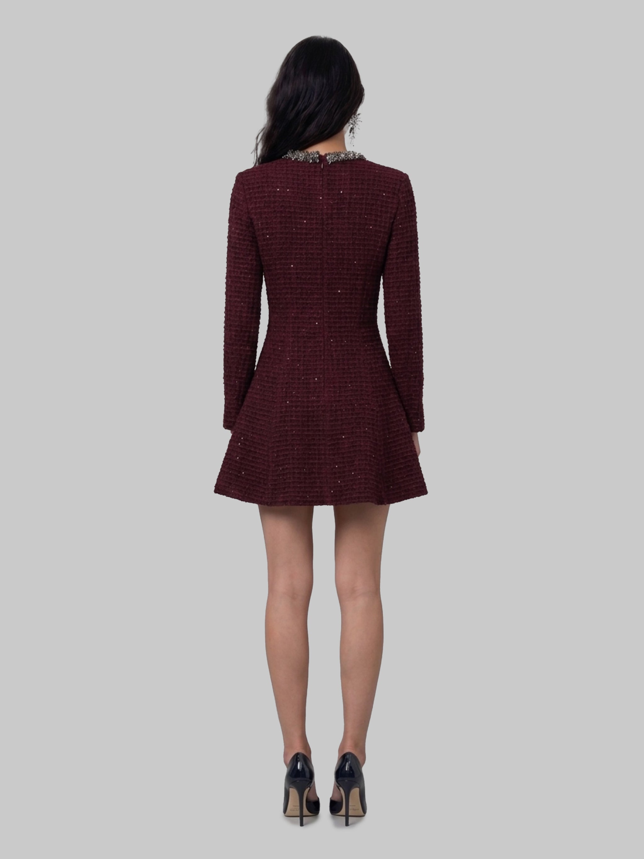 burgundy textured knit embellished mini dress