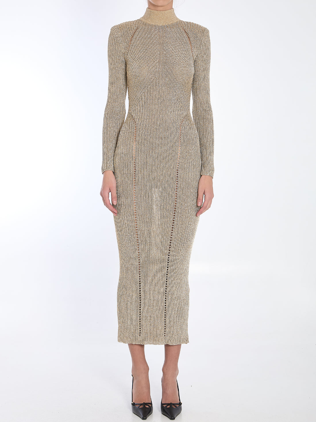 SELF PORTRAIT M gold knit maxi dress