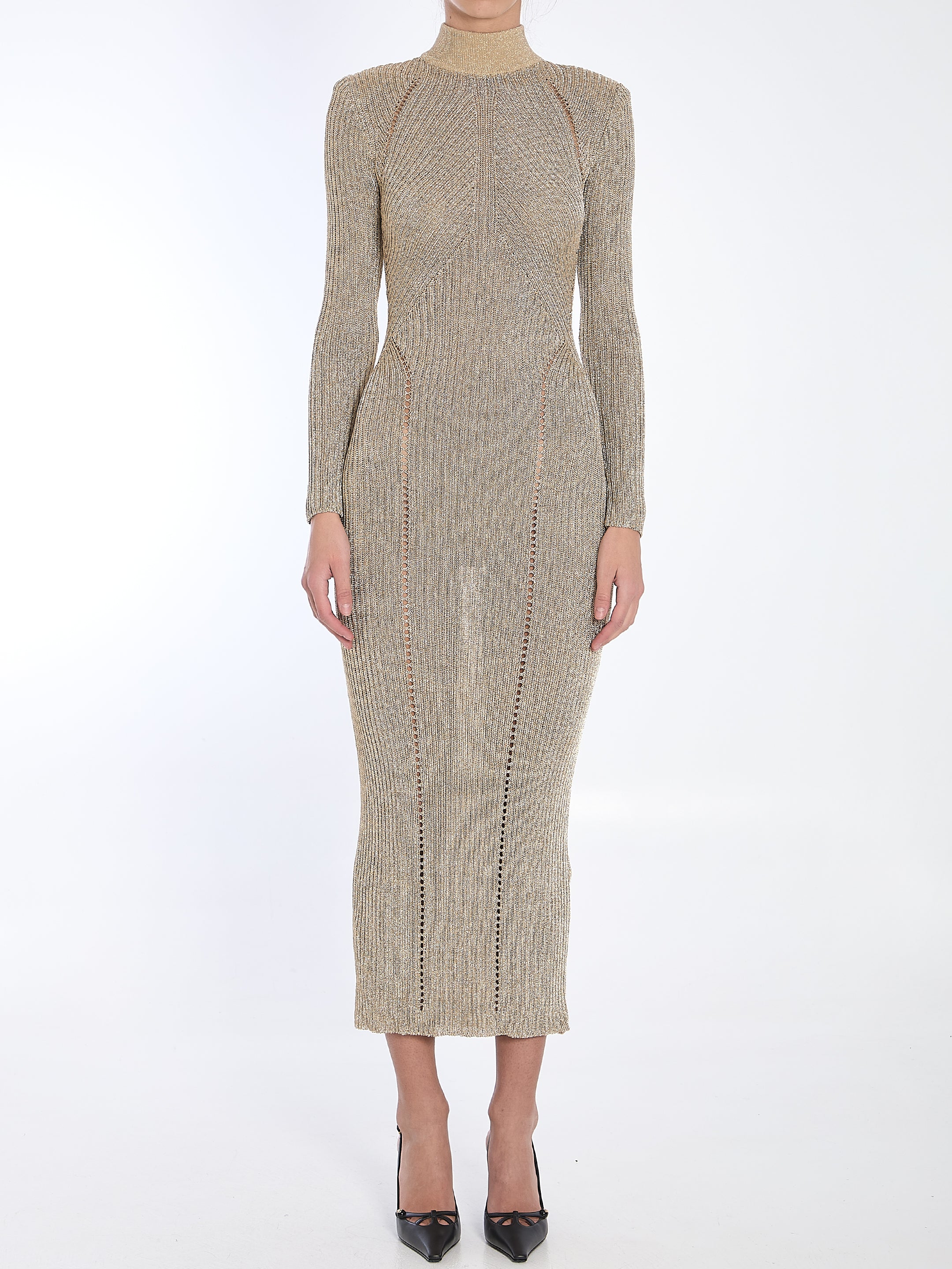 SELF PORTRAIT M gold knit maxi dress
