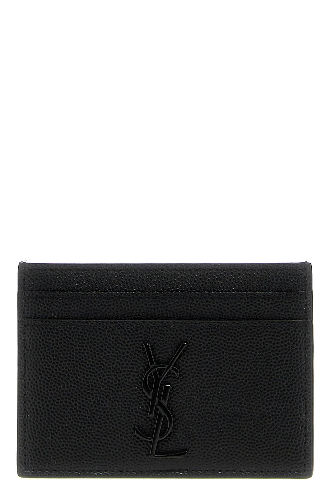 SAINT LAURENT OS black leather grain de poudre metallic logo tone on tone