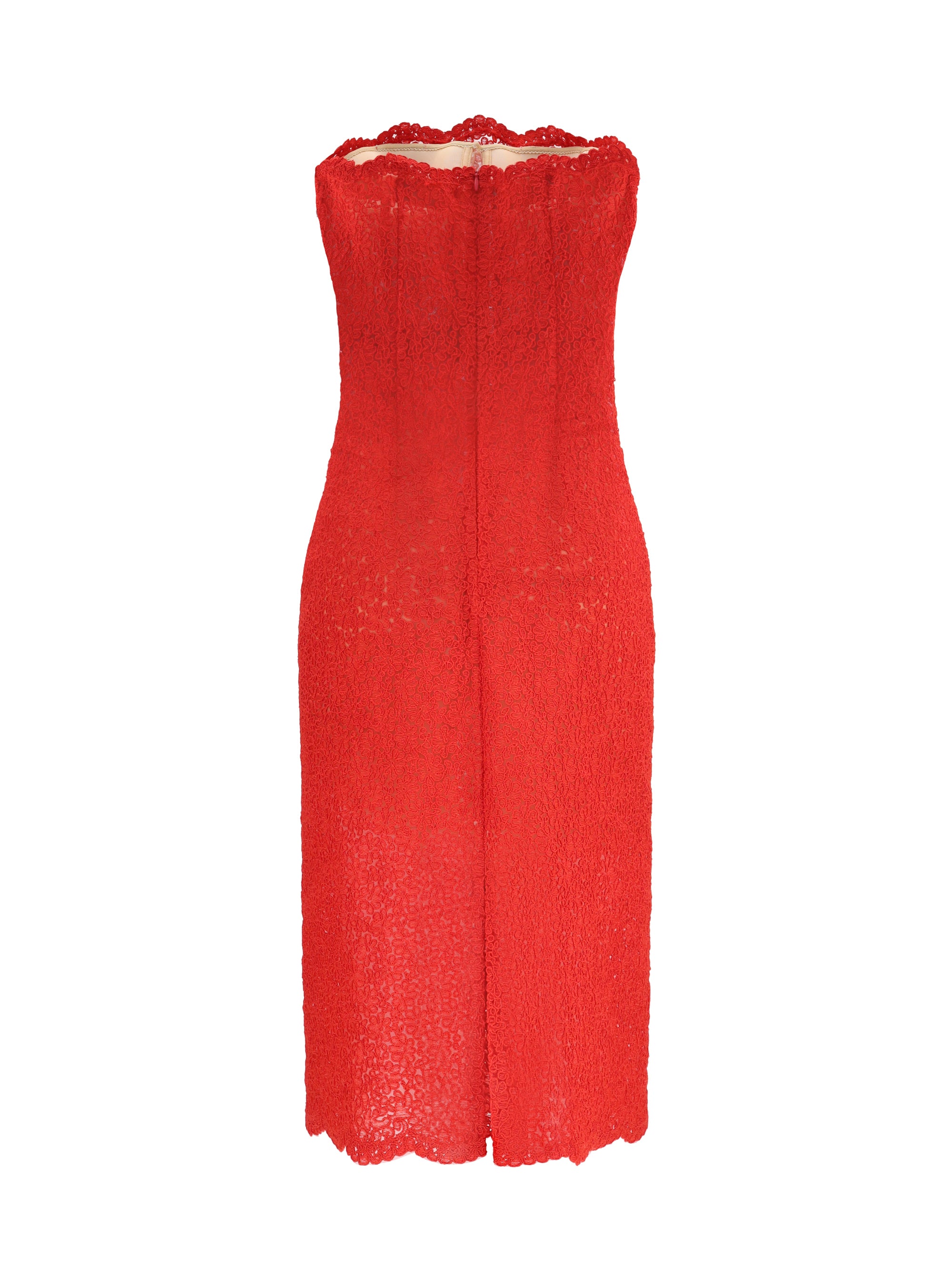 strapless midi lace dress