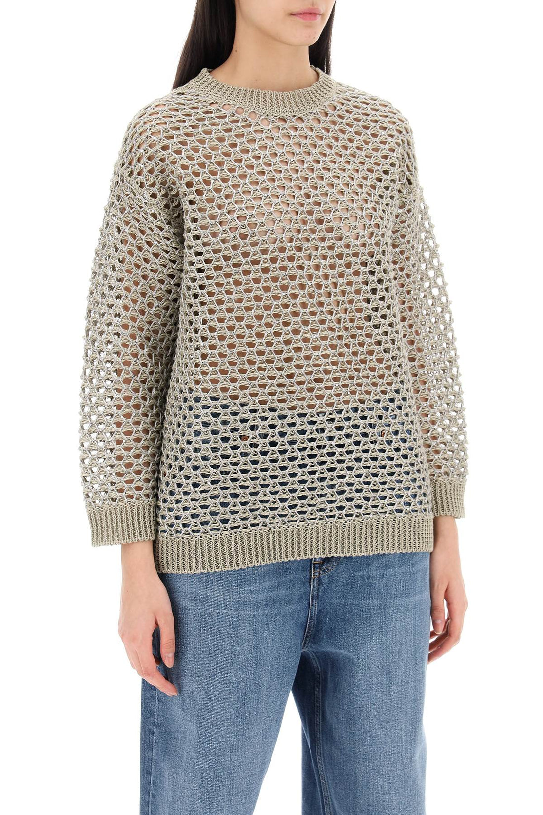 &quot;mesh knit pullover with sequins embell