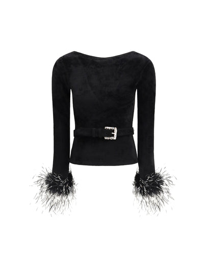 feather-trimmed chenille knit top