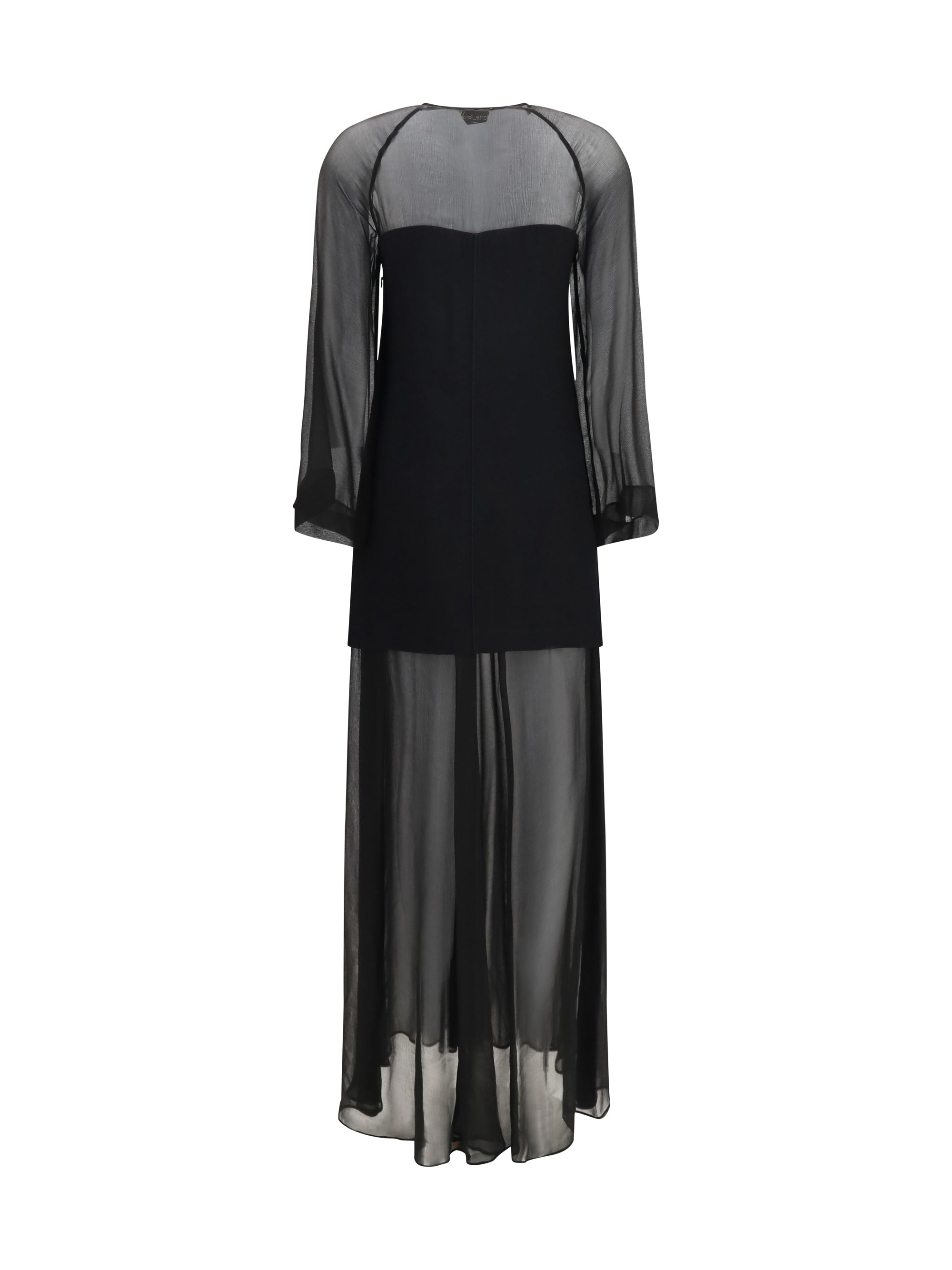 georgette and crêpe long dress with bow and tassels