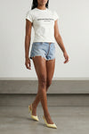zip v-waist shorts in used-effect stone-washed cotton denim