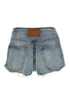zip v-waist shorts in used-effect stone-washed cotton denim