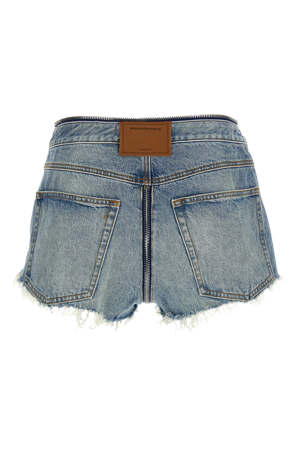 zip v-waist shorts in used-effect stone-washed cotton denim