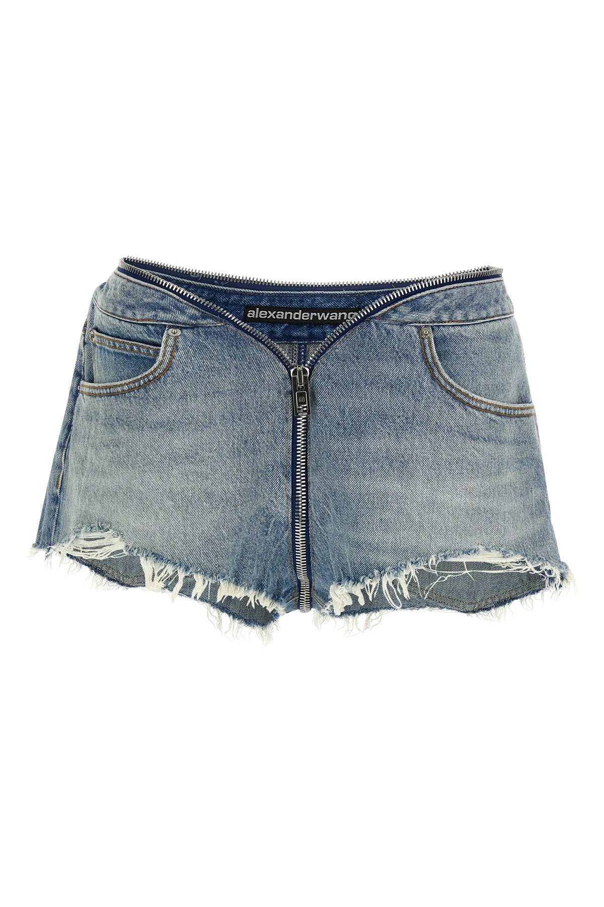 zip v-waist shorts in used-effect stone-washed cotton denim