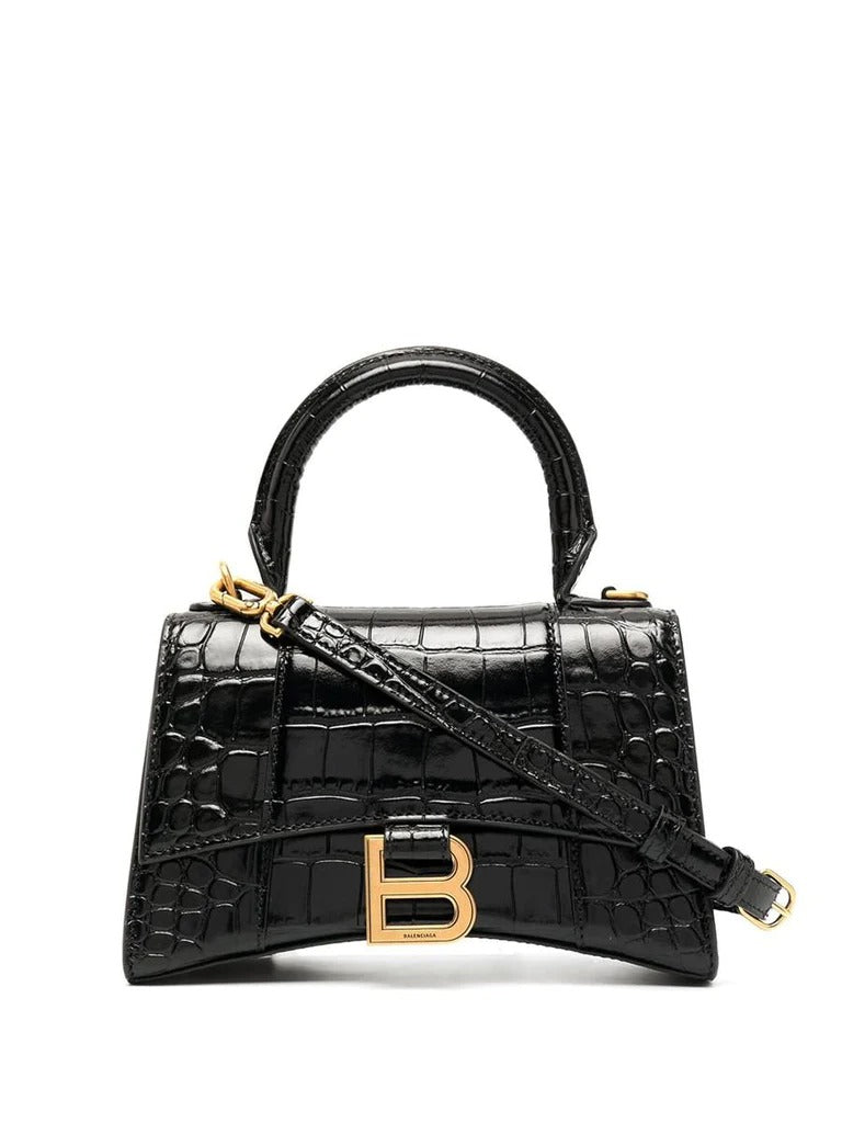 BALENCIAGA Hourglass XS Croc-Embossed Black Leather Shoulder Bag