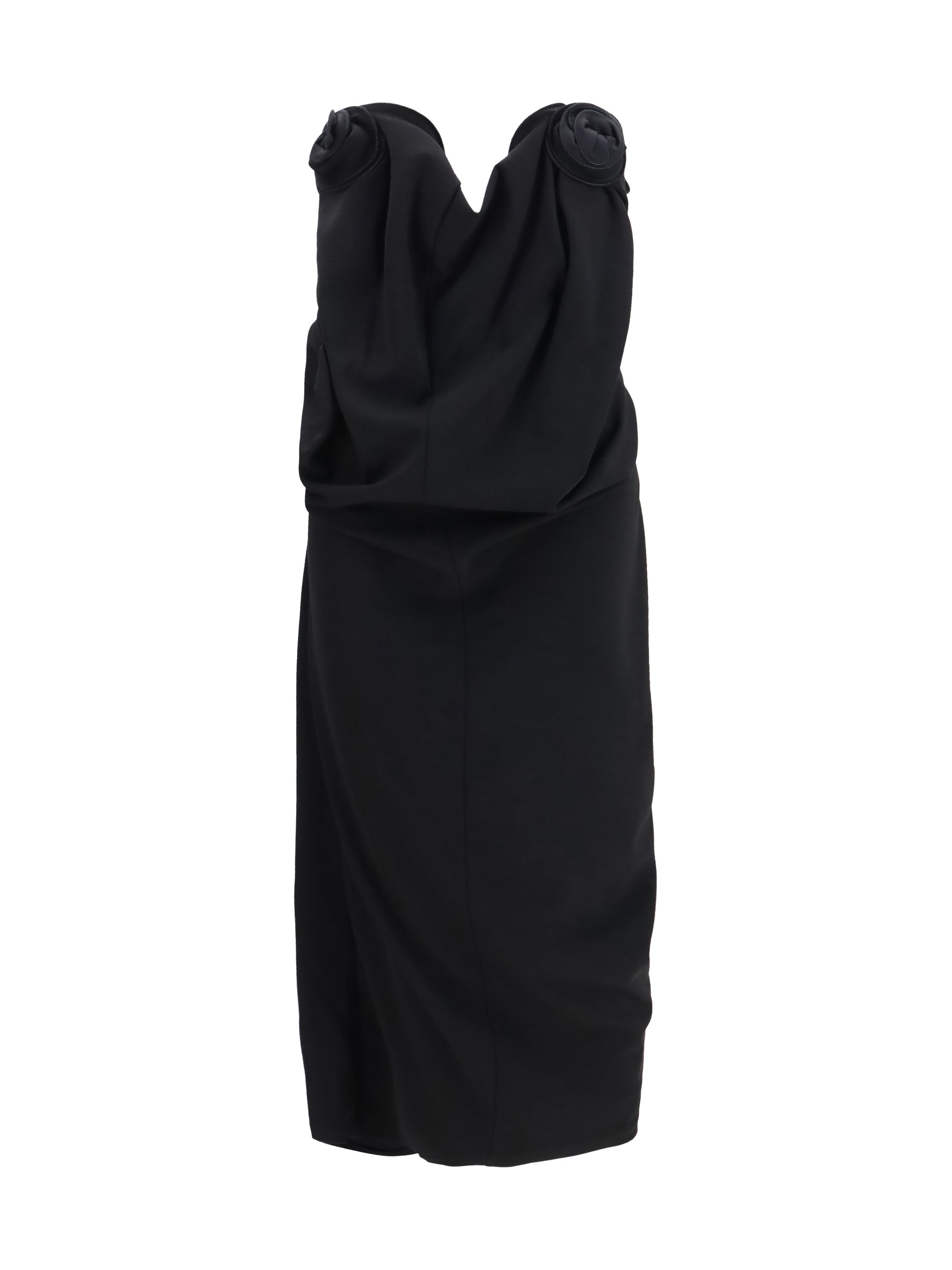 draped dress with sculptural floral details