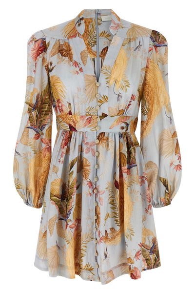 acension plunge floral print linen mini dress