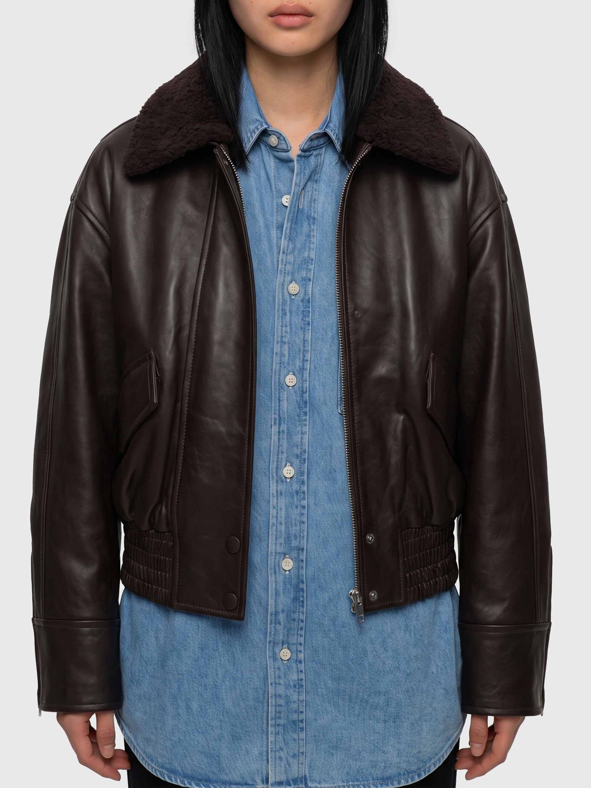 dark brown leather iolaila lane bomber jacket