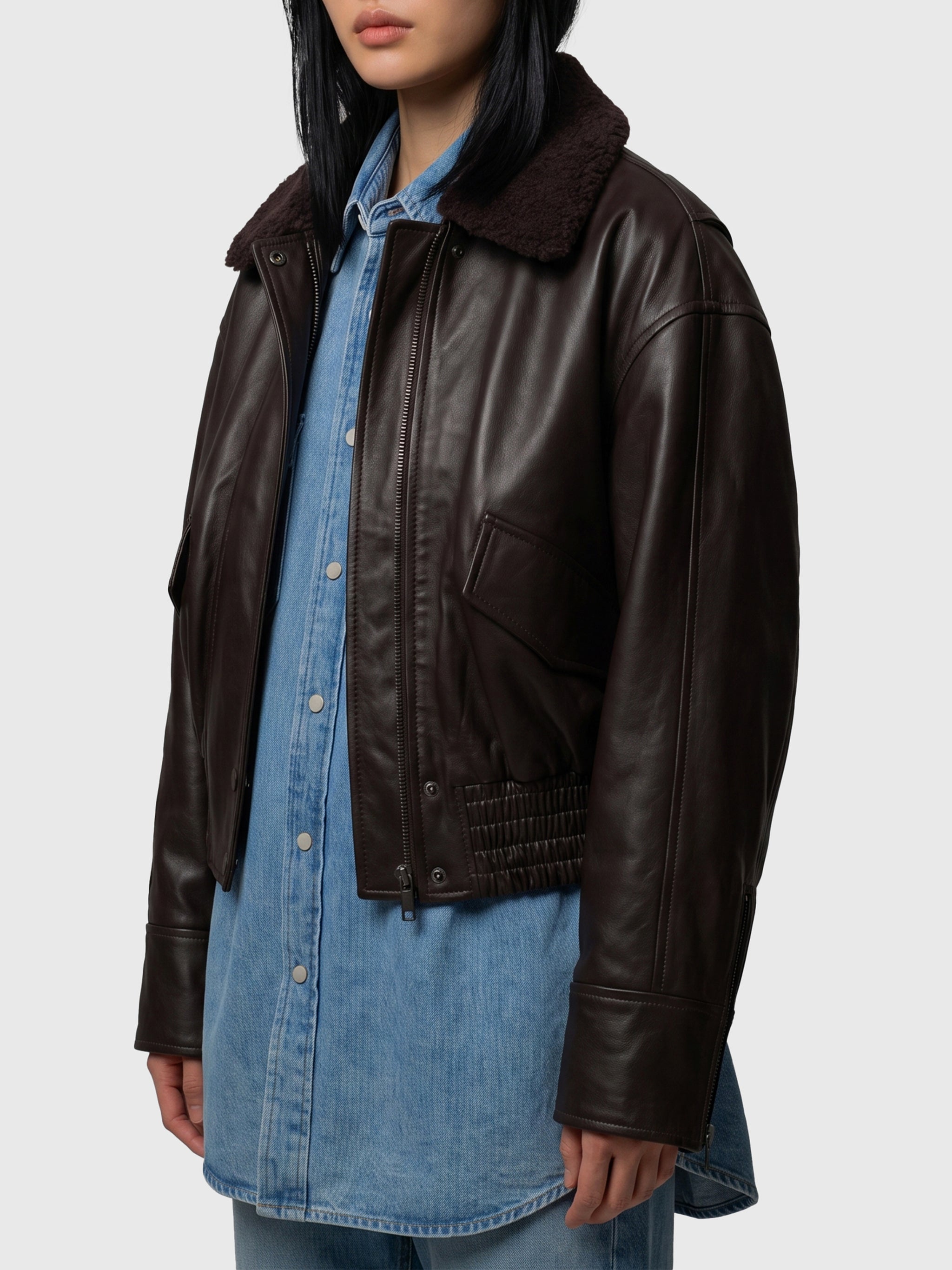 dark brown leather iolaila lane bomber jacket