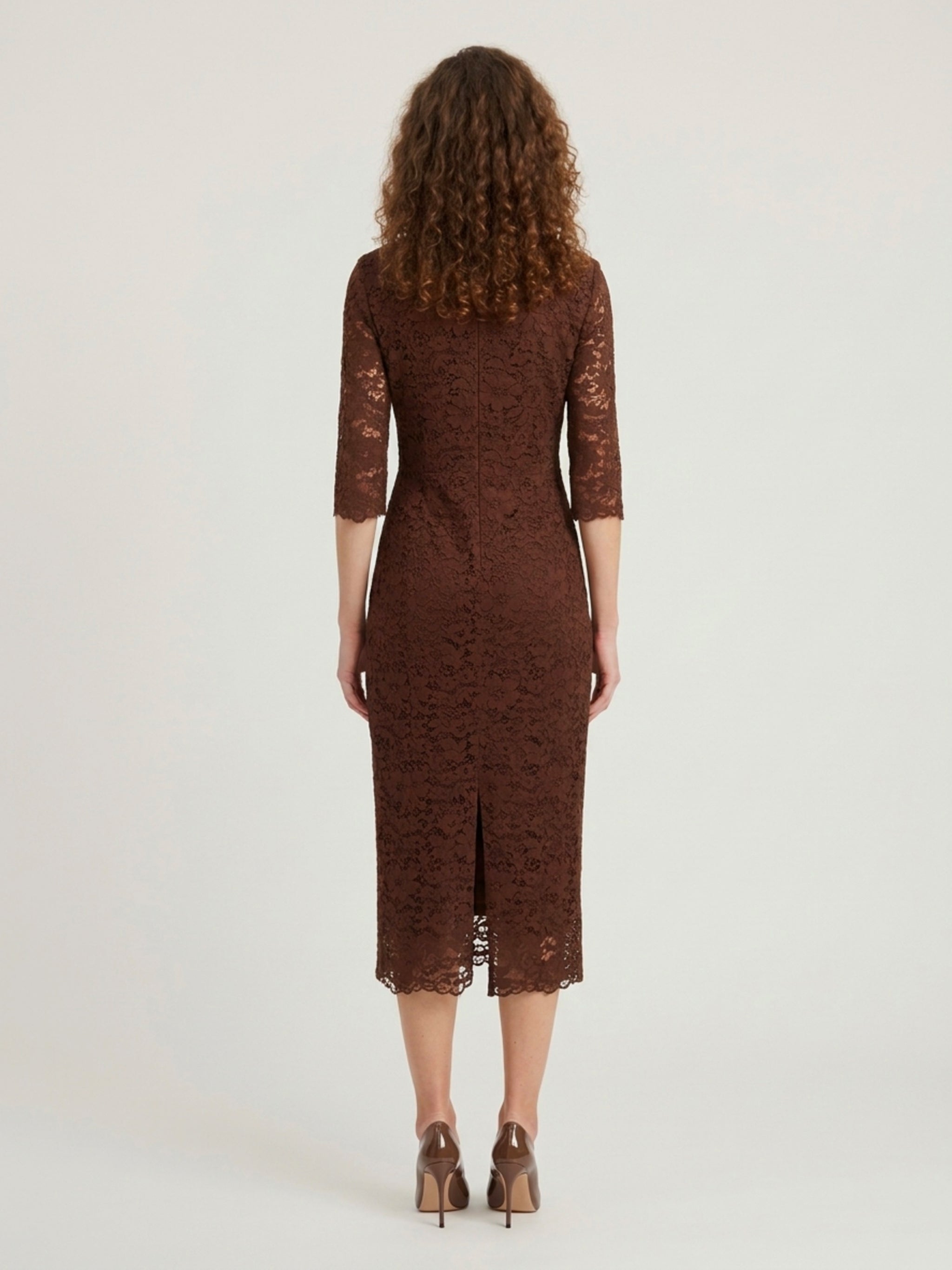 brown lace midi sheath dress