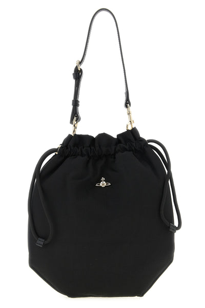drawstring pouch handbag in moiré fabric