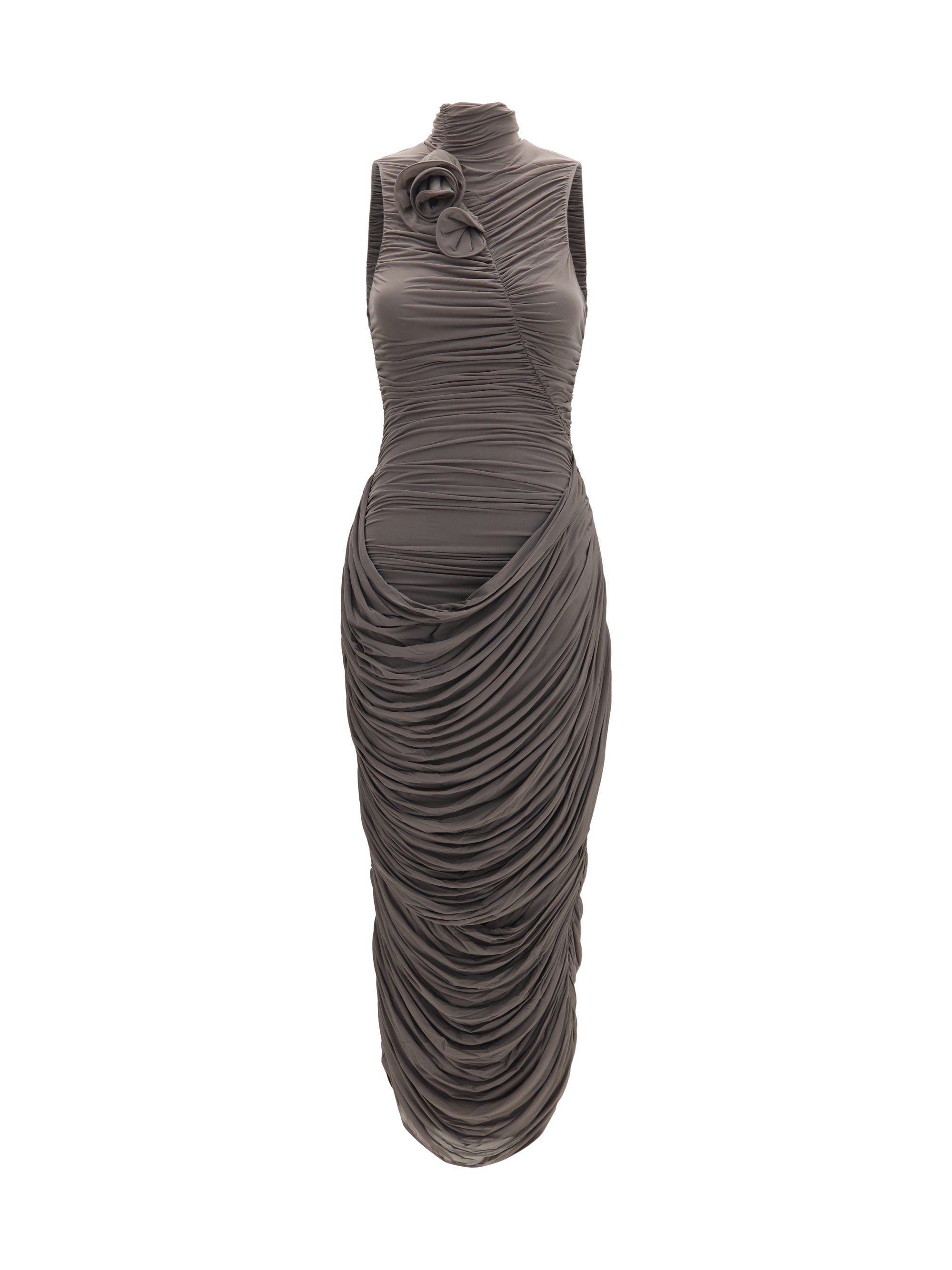 draped high-neck midi dress