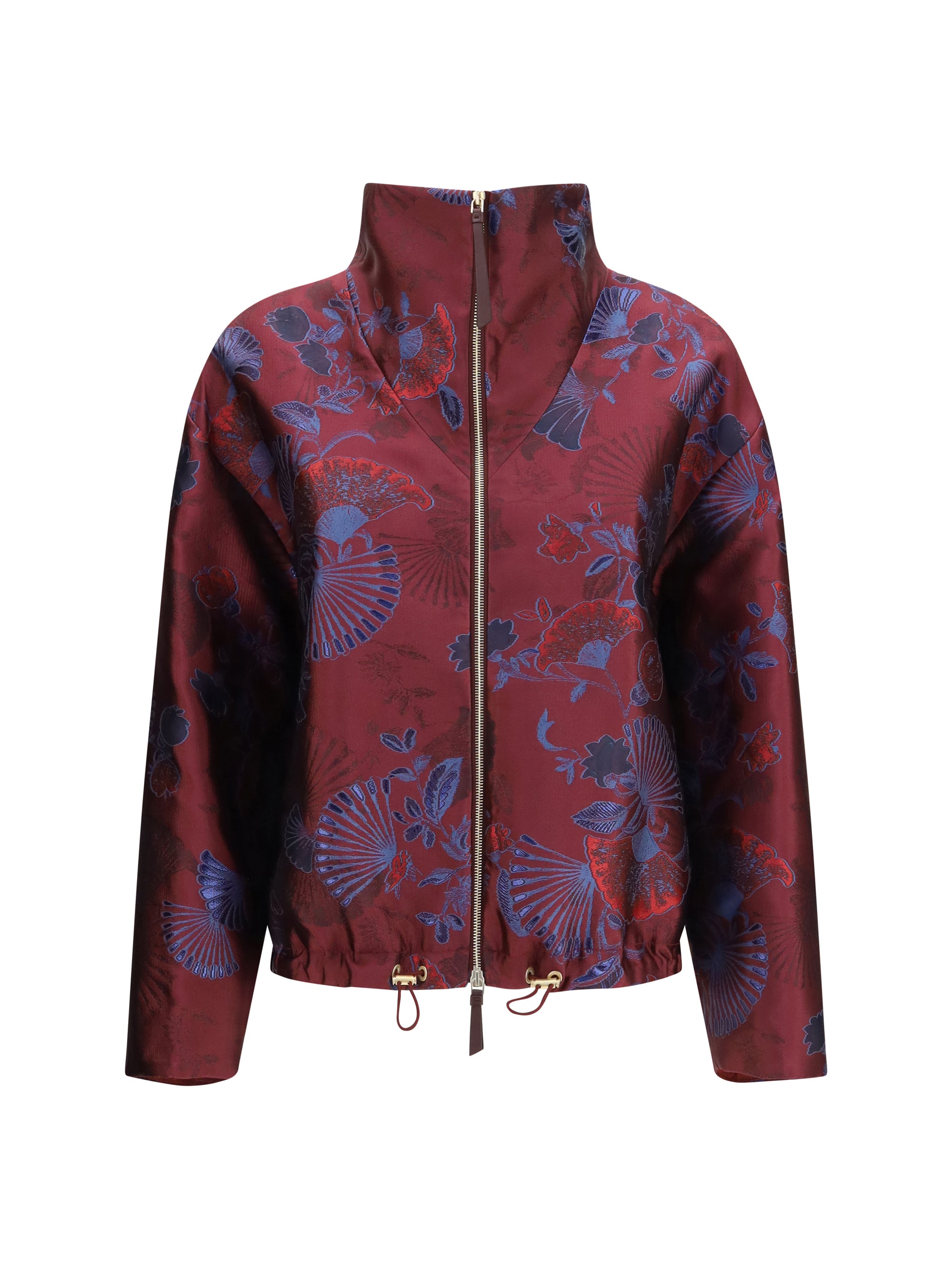 full-zip jacket in silk-blend jacquard with ginkgo motif