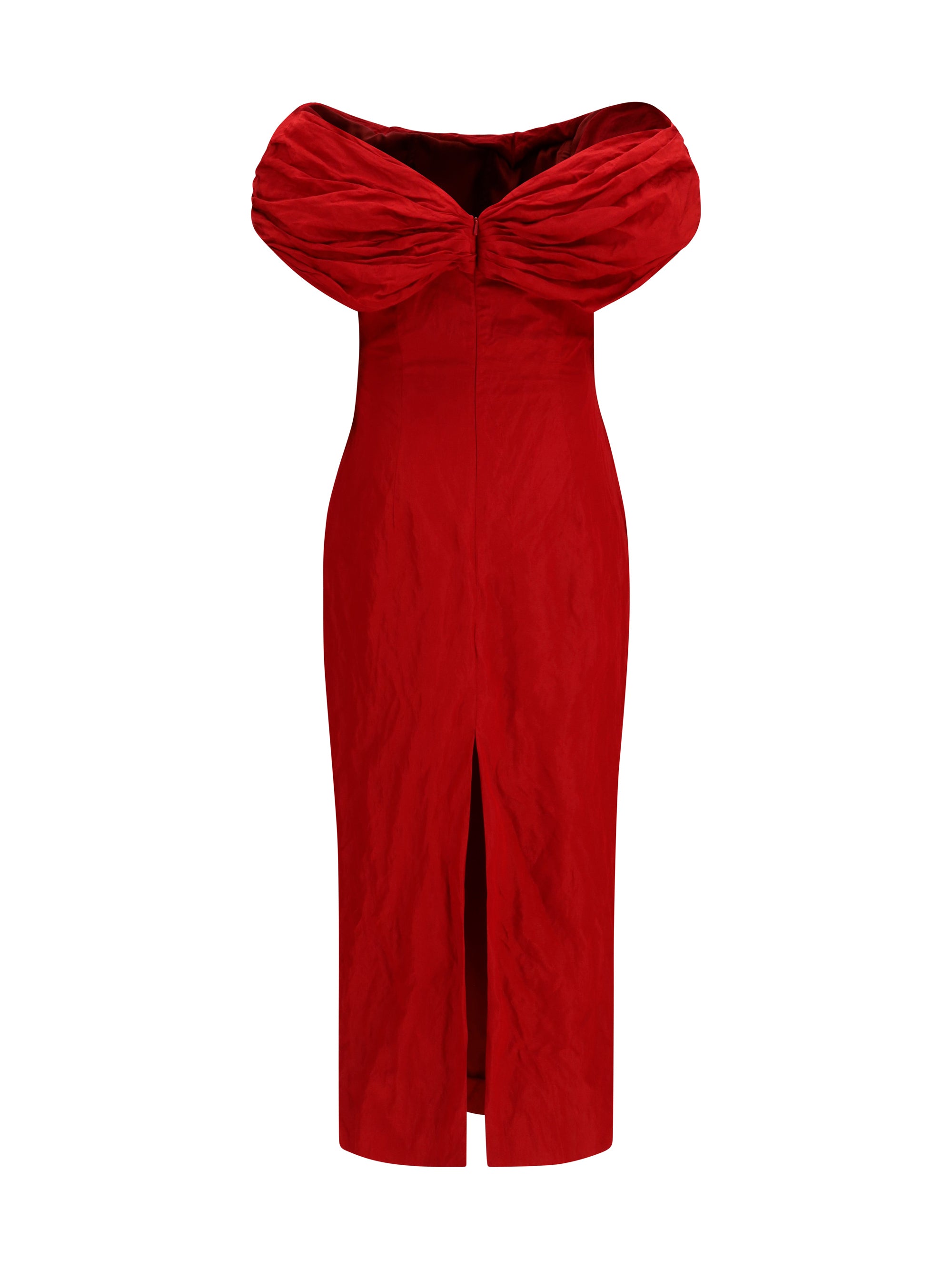 off-shoulder draped midi dress