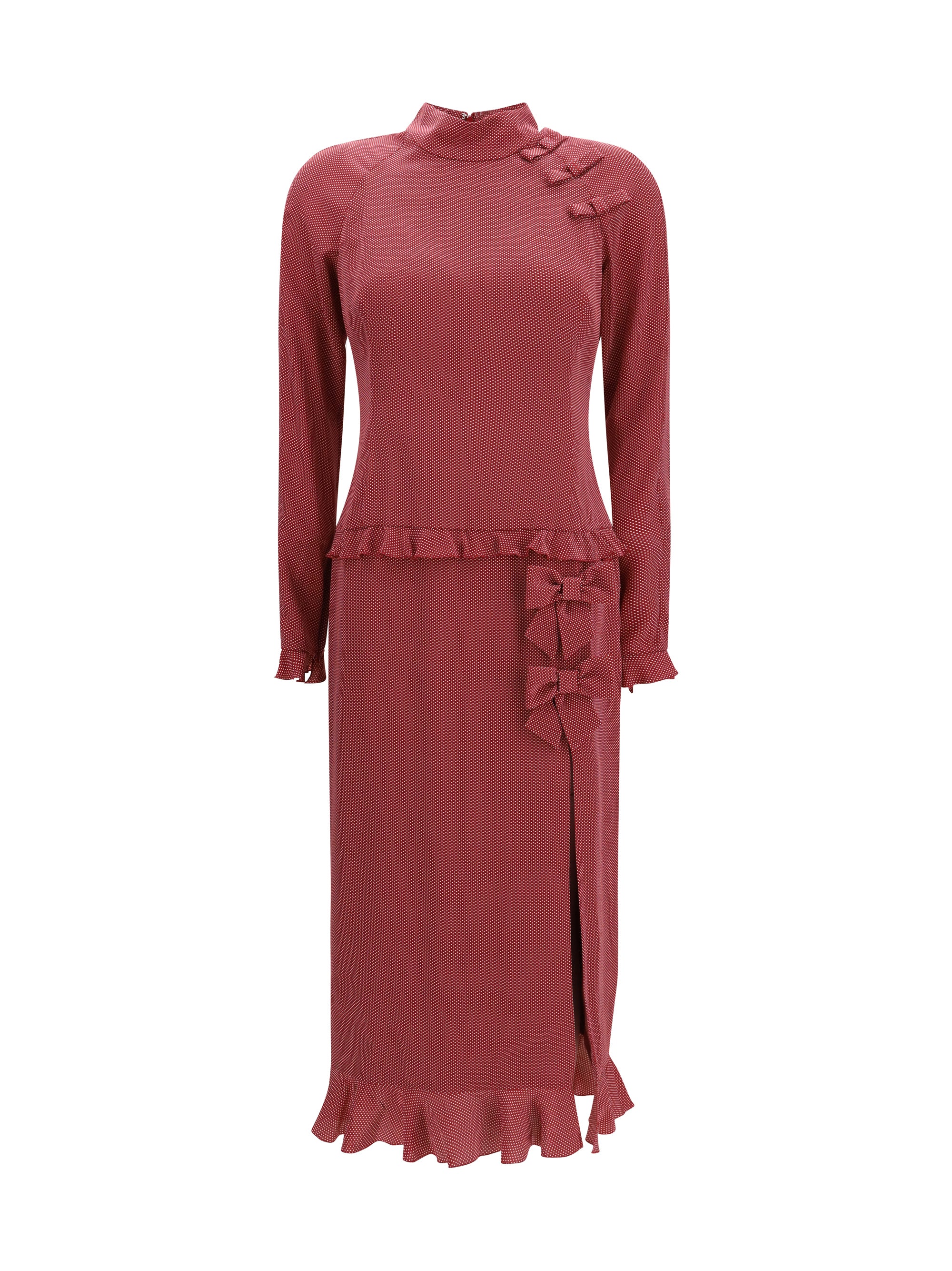 silk polka-dot midi dress with appliqué bows